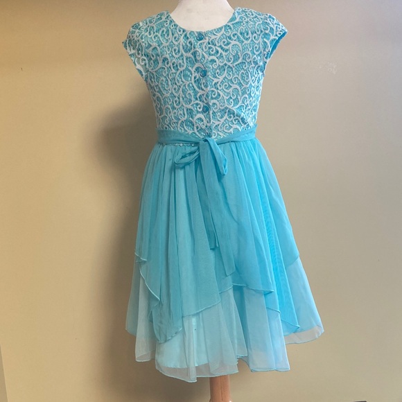 Elegant Turquoise Lace Tulle Holiday Special Occasion Cruise Girls Dress - Picture 7 of 11